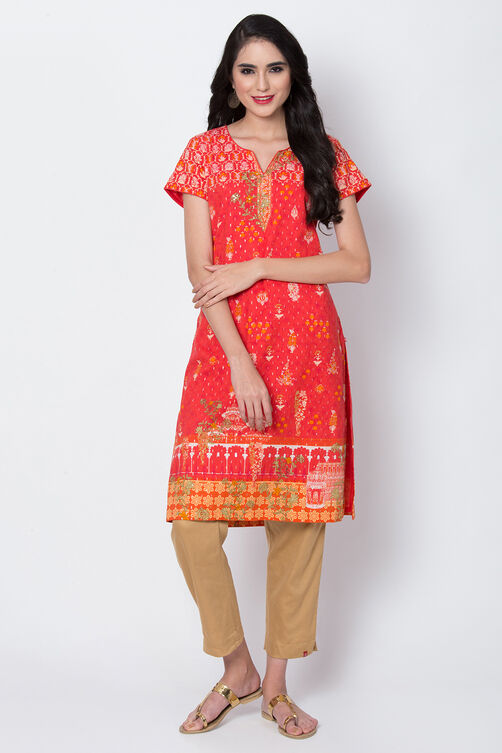 Red Metallic Cotton Straight Printed Kurta image number 2