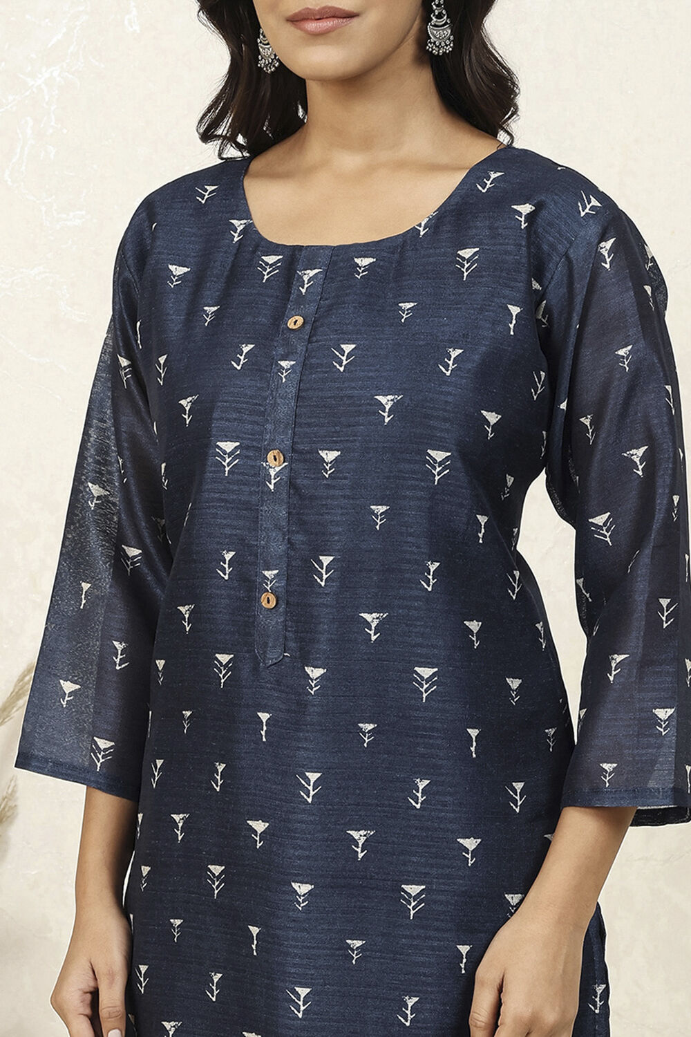 Indigo Silk Blend Printed  Embroidered Unstitched Suit Set image number 2