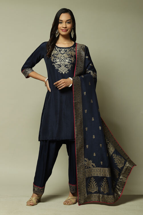 Navy LIVA Straight Kurta Salwar Kurta Salwar Suit Set image number 7