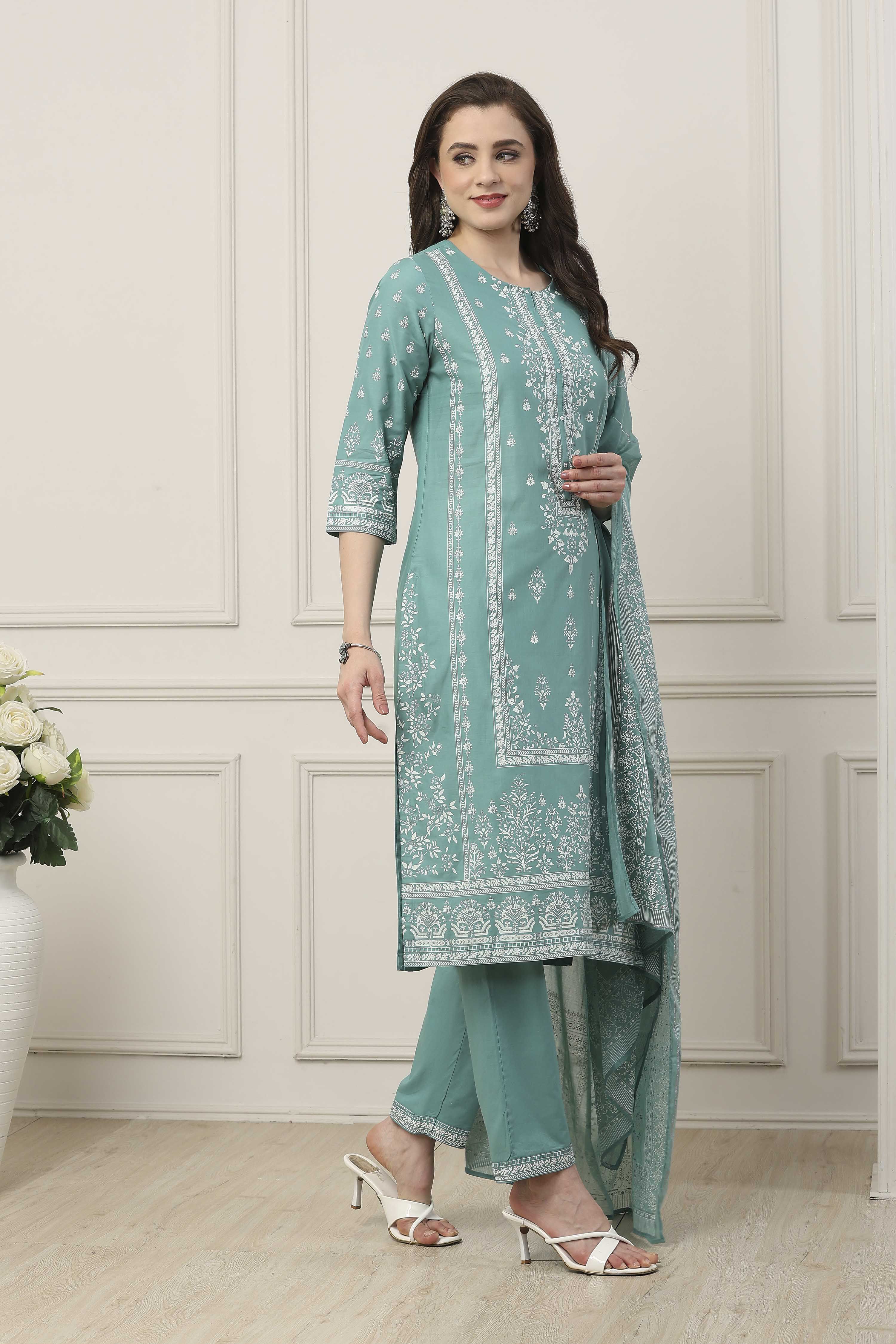 Pink Cotton Floral Printed Straight Suit Set image number 5