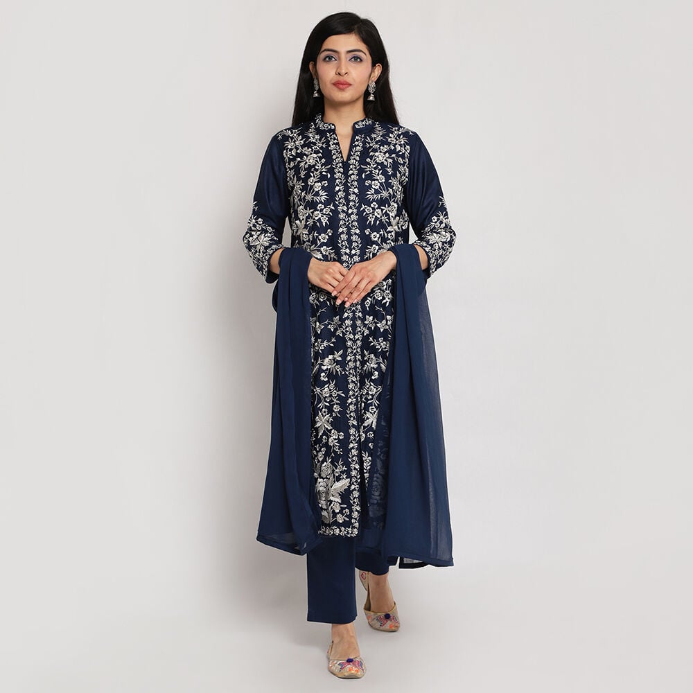Blue Viscose Silk Front Open Kurta Regular Pant Suit Set at Biba India