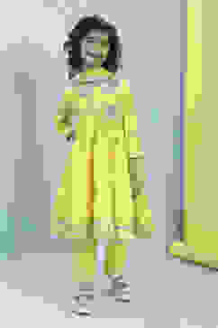 Yellow Cotton Embroidered Gathered Suit Set image number 6