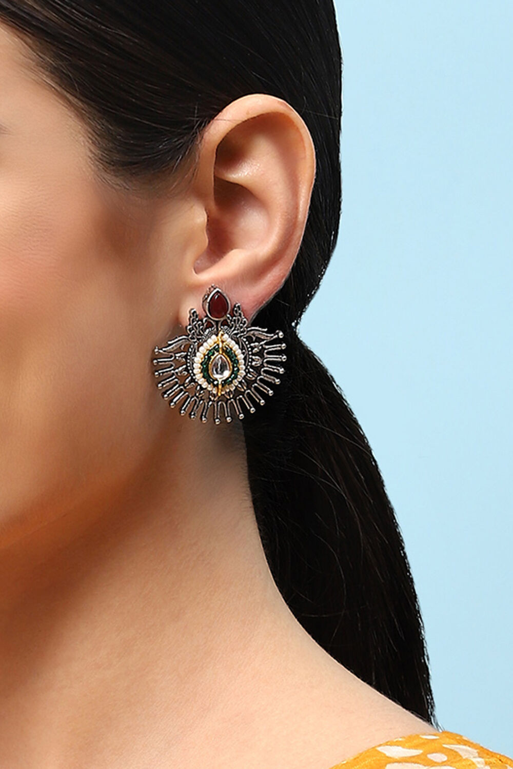 Oxidised Red & Green Brass Earrings image number 1