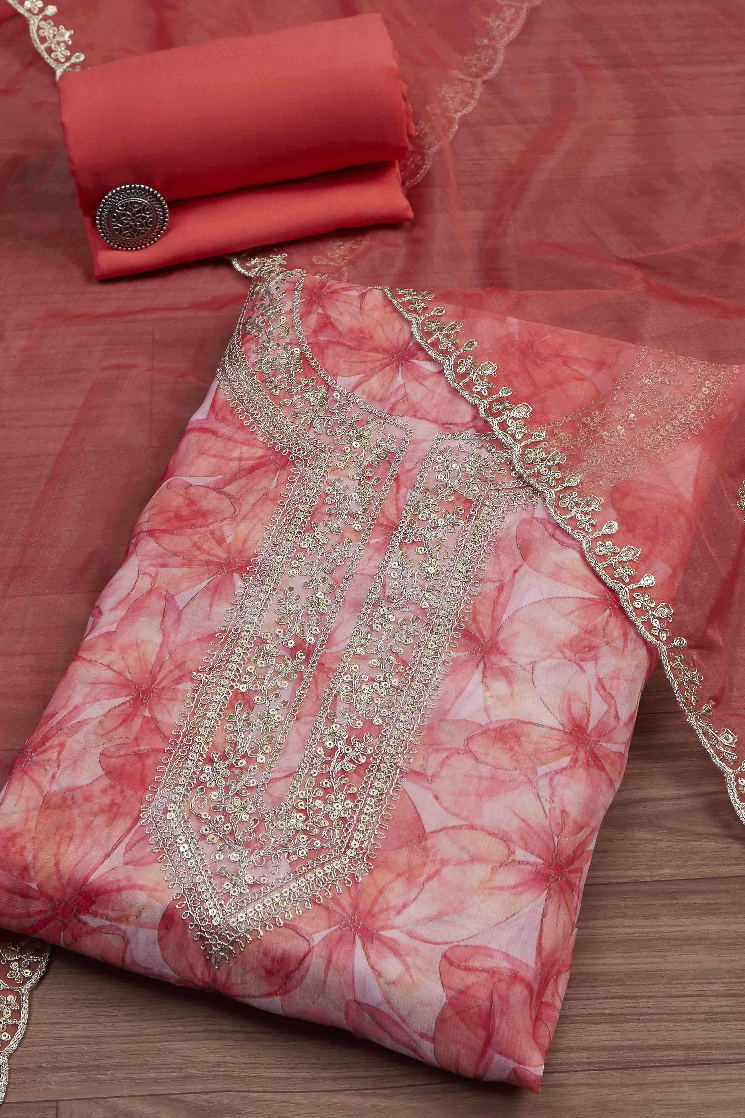 Peach-Colored Organza Rajasthani Print Unstitched Suit Set image number 0