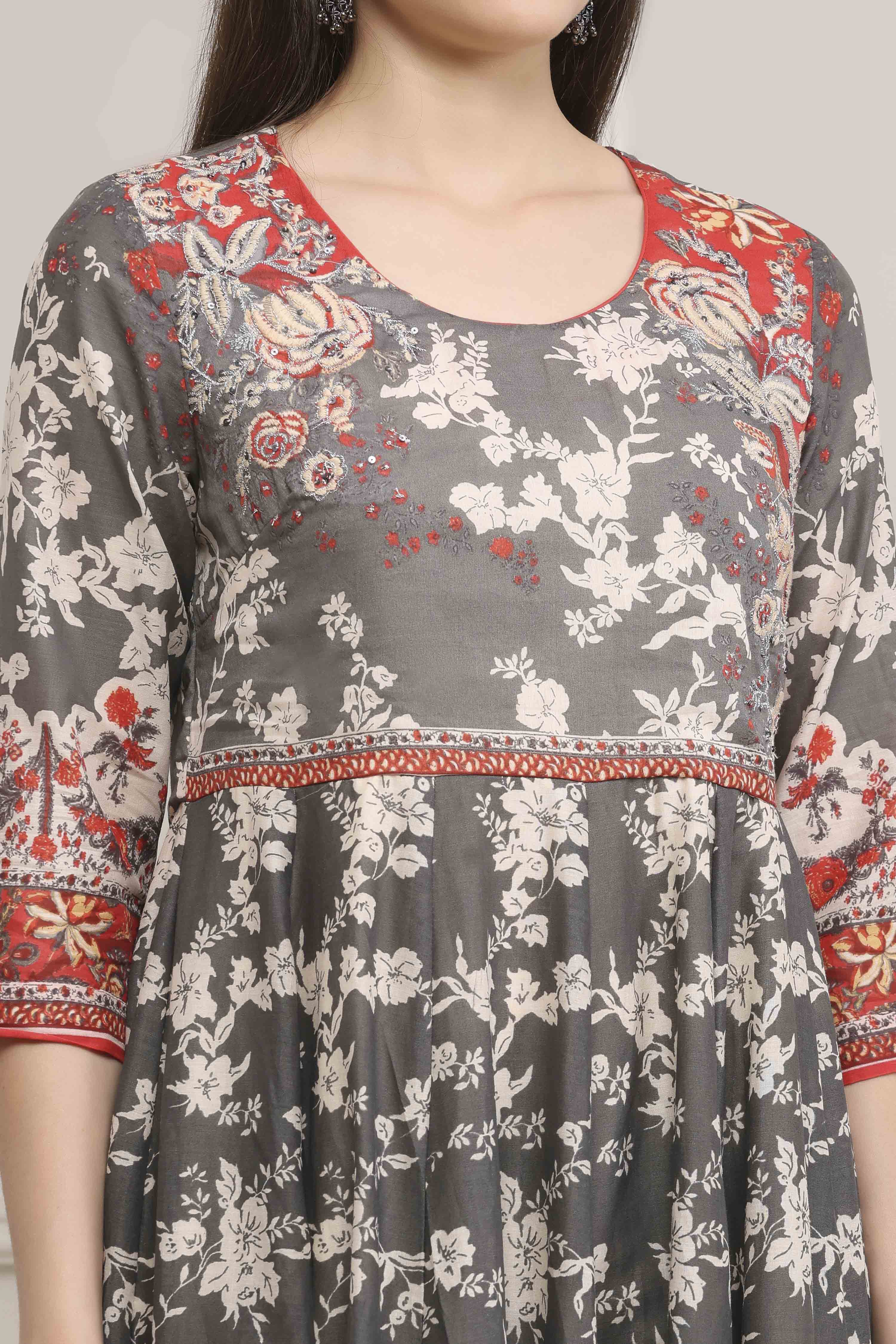 Grey Cotton Kalidar Suit Set image number 1