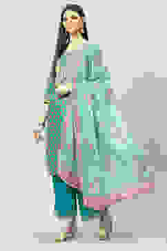 Teal Cotton Straight Kurta Palazzo Suit Set image number 0