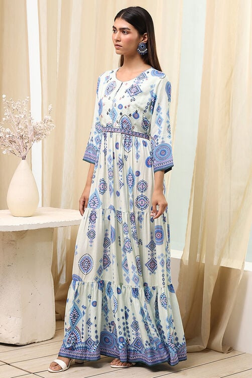Ecru Viscose Rayon Tiered Printed Dress image number 2