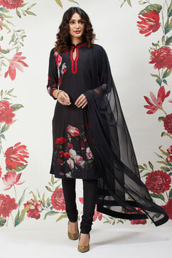 Rohit Bal Black Cotton Silk Straight Printed Suit Set image number 4