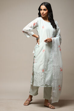 Green Linen Machine Embroidered Unstitched Suit Set image number 7