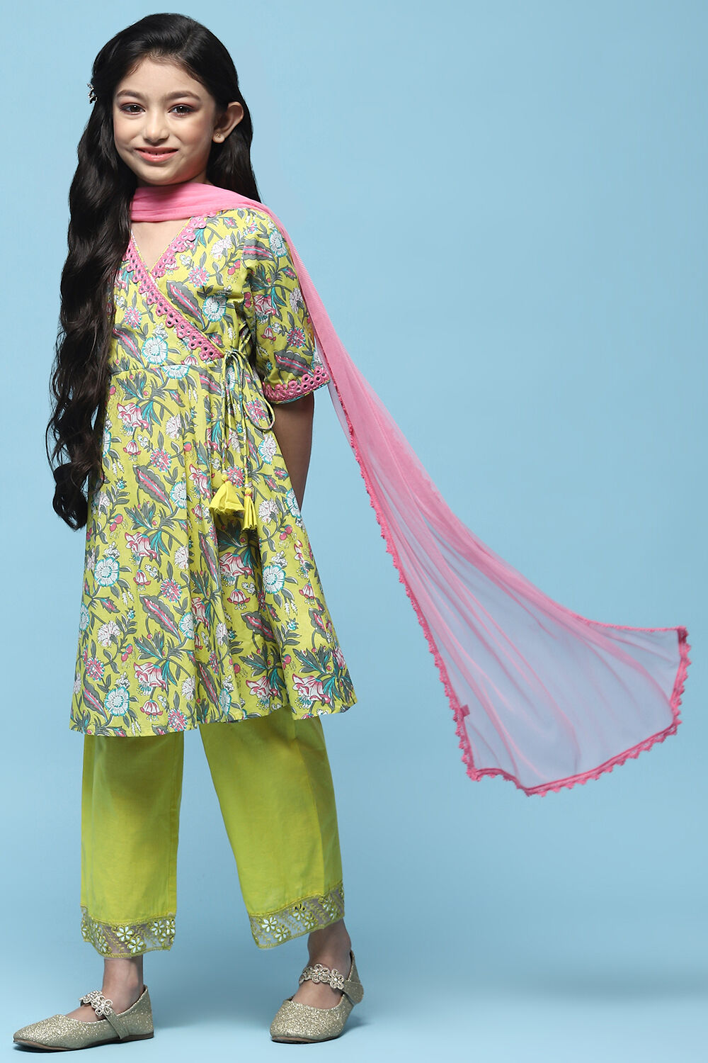 Yellow Cotton Printed Angrakha Flared Suit Set image number 4
