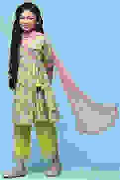 Yellow Cotton Printed Angrakha Flared Suit Set image number 4