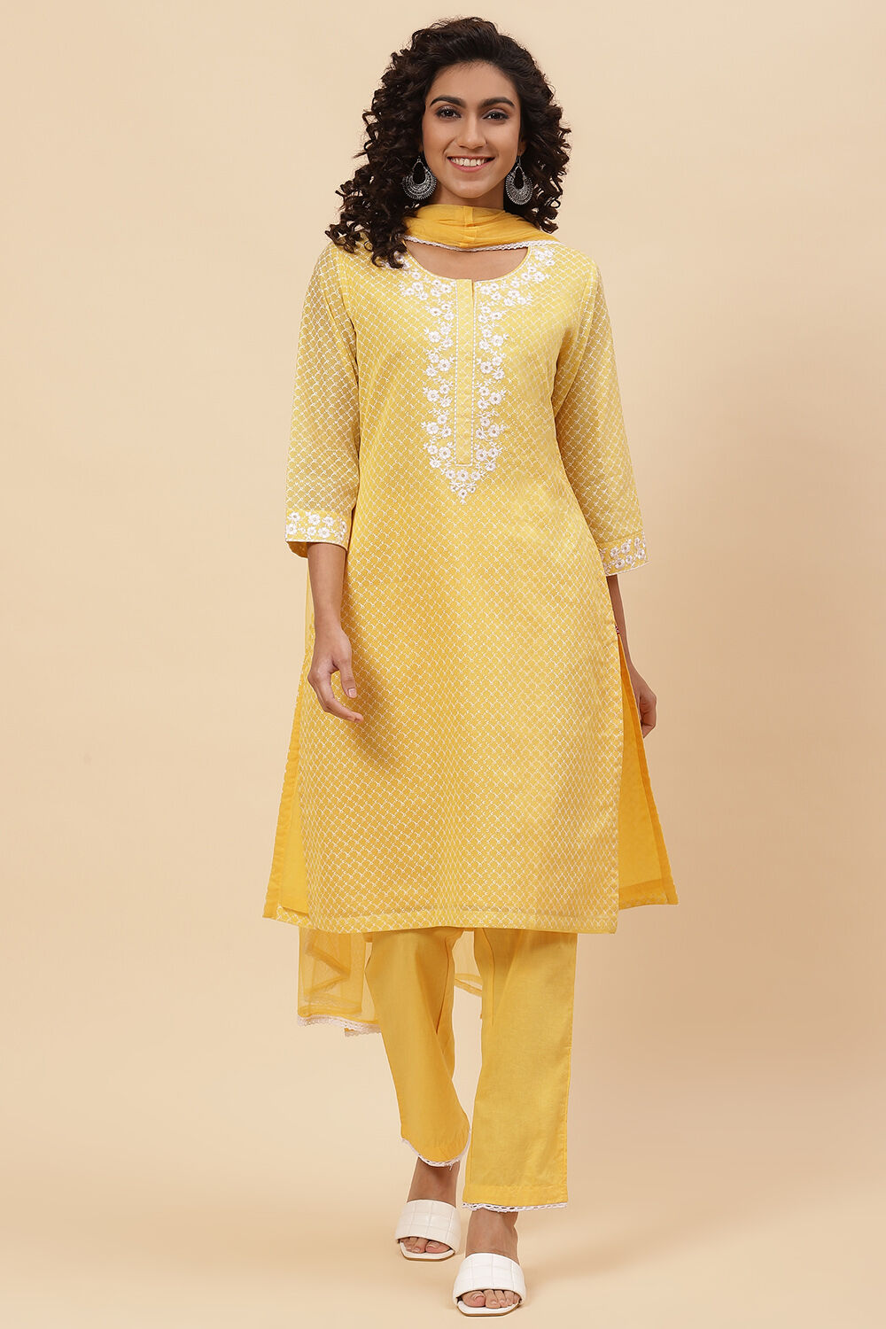 Yellow Art Silk Straight Kurta Regular Pant Suit Set image number 0