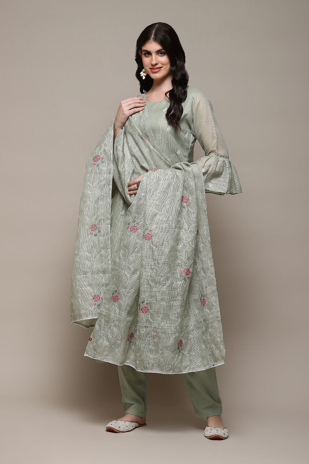 Green Cotton Blend Printed Unstitched Suit Set image number 1