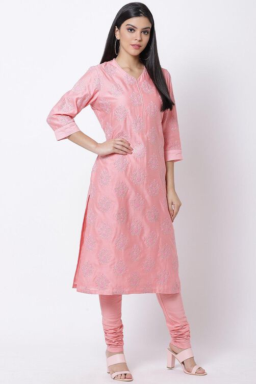 Peach Straight Kurta Churidar Suit Set image number 3