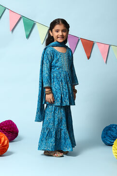 Teal Blue Cotton Flared Printed Kurta Garara Suit Set image number 6