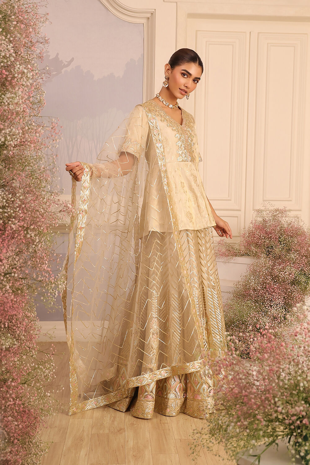 Beige Embroidered Peplum Lehenga Set image number 5