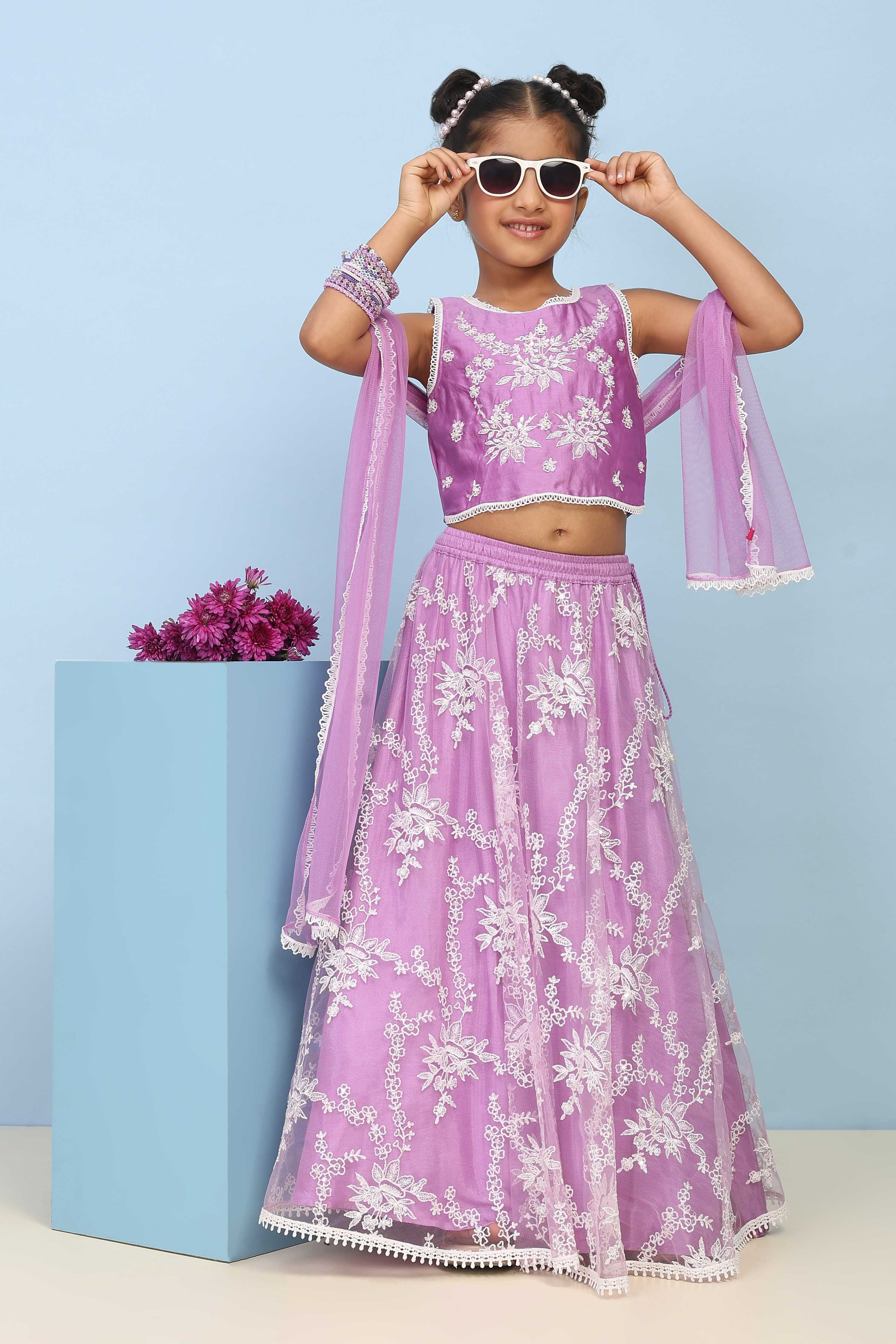 Purple Silk Chanderi Embroidered Regular Lehenga Set image number 0