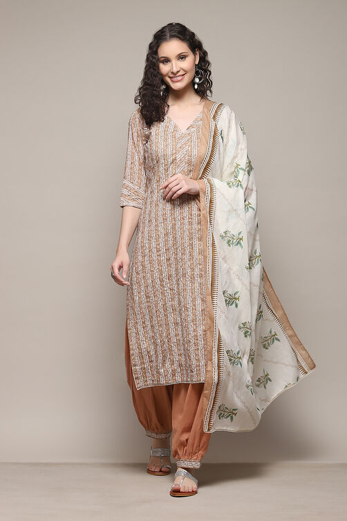 Beige Cotton Printed Unstitched Suit Set image number 1