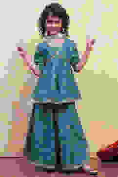 Teal Green Printed Peplum Lehenga Set image number 0