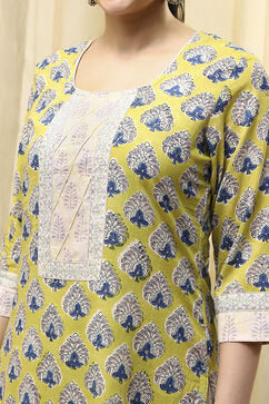 Lime Green Cotton Hand Block Print Unstitched Suit Set image number 2