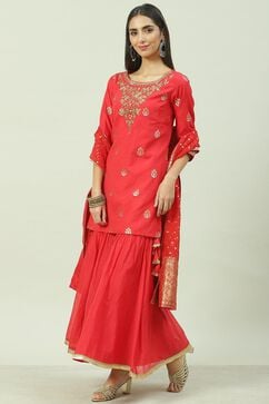 Red Art Silk Straight Kurta Garara Suit Set image number 6