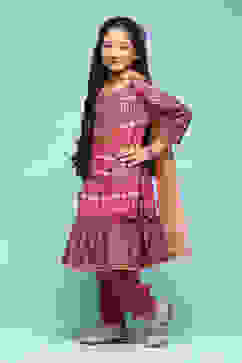 Pink & Purple Polyester Tiered Kurta Printed Suit Set image number 5