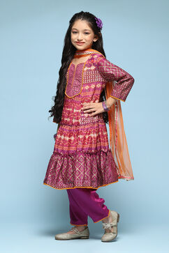 Pink & Purple Polyester Tiered Kurta Printed Suit Set image number 5