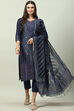 Indigo Blue Art Silk Straight Kurta Slim Pants Suit Set