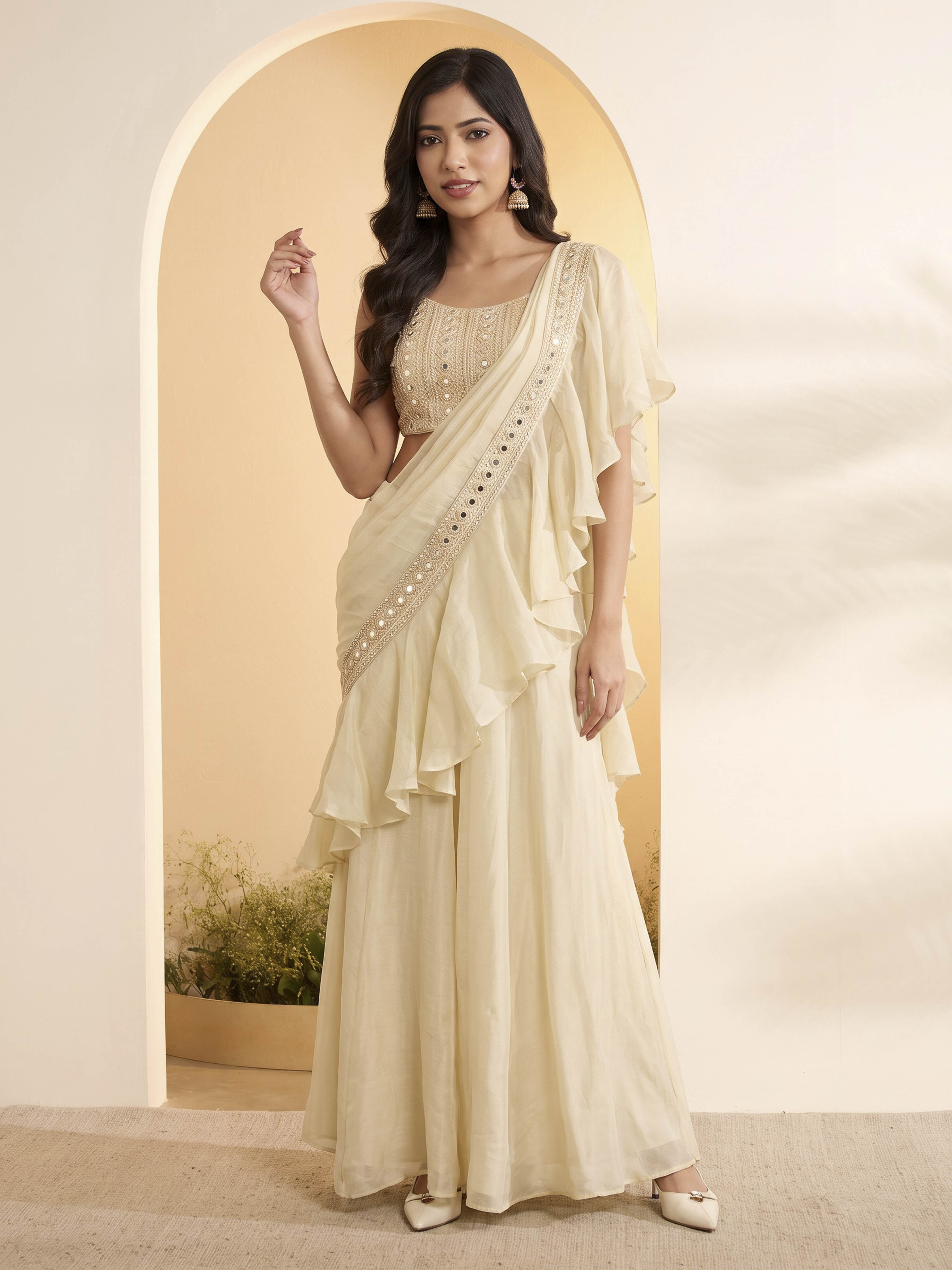 Ivory Viscose Rayon Gathered Saree image number 0