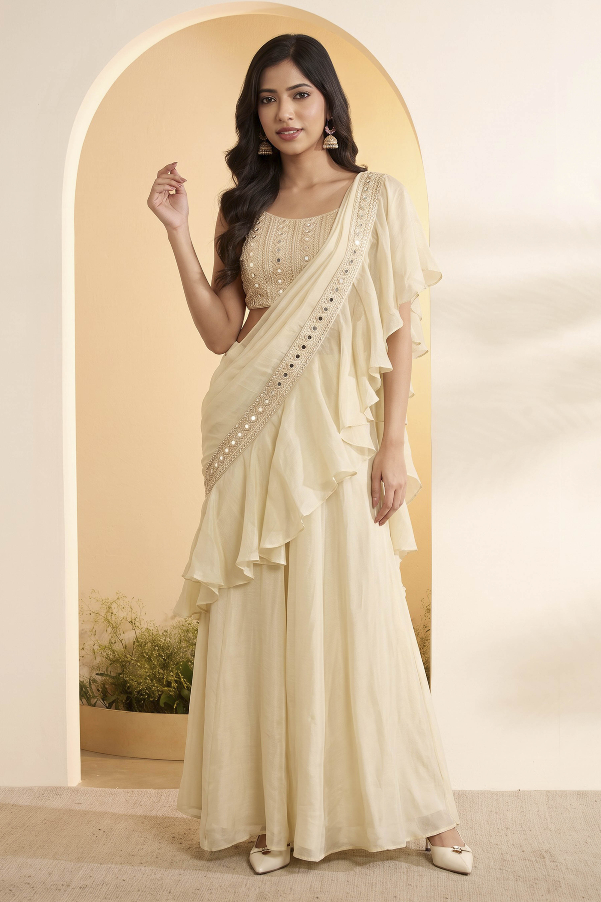 Ivory Viscose Rayon Gathered Saree
