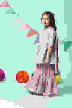 Light Blue Cotton Gathered Kurta Garara Suit Set image number 5