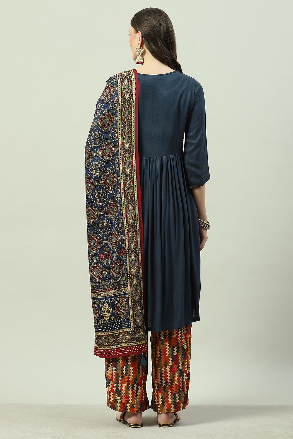 Navy LIVA A-Line Kurta Palazzo Suit Set image number 4