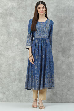 Blue Rayon A-Line Printed Kurta image number 0