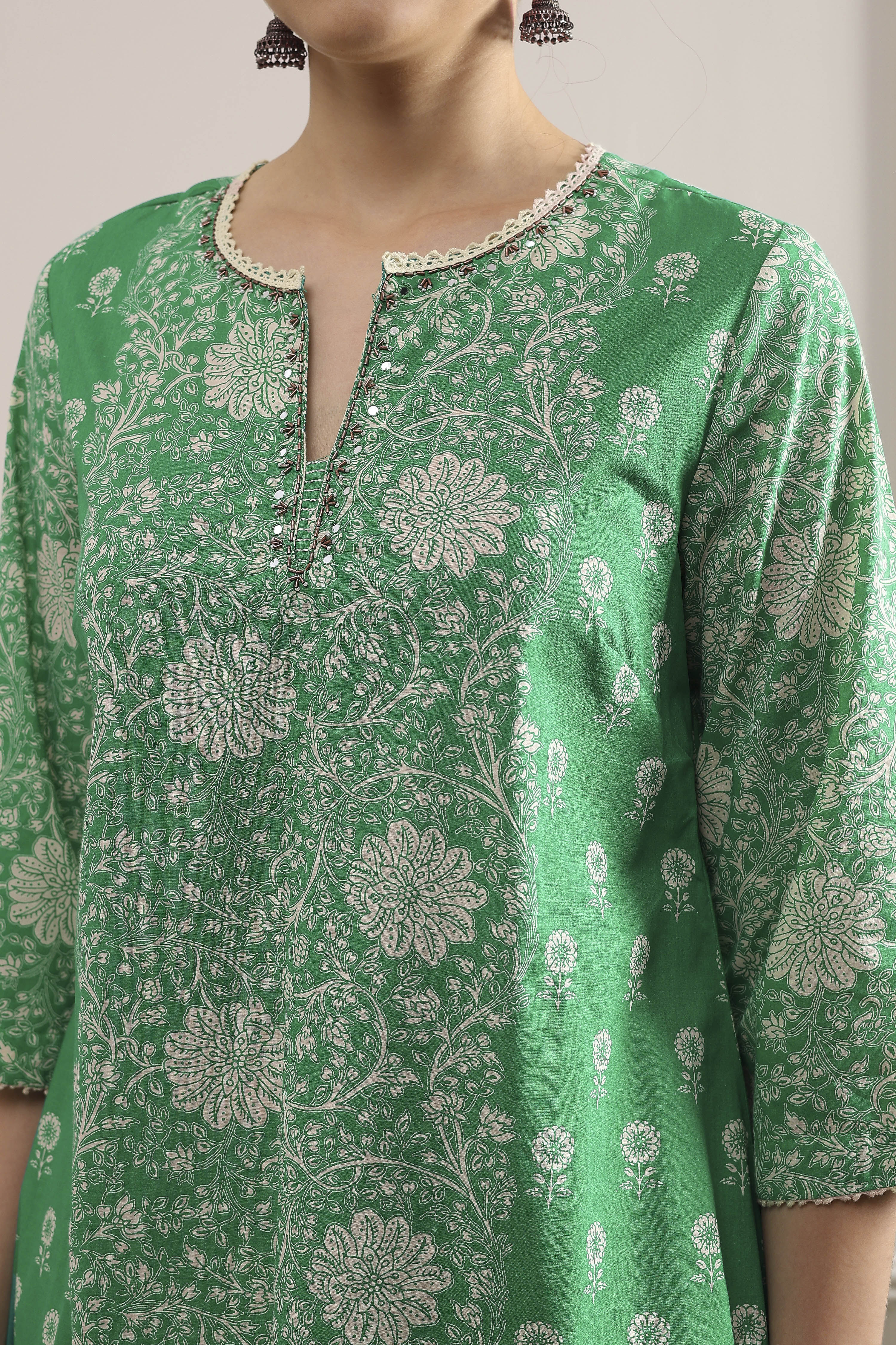 Sea Green Cotton Printed A-Line Suit Set image number 1