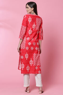 Red Cotton A Line Kurta image number 4