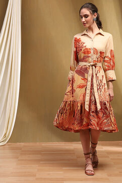 Beige Cotton Floral Printed A-Line Dress image number 5