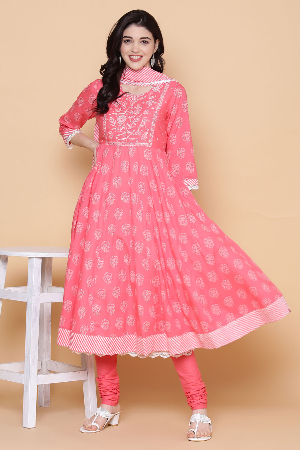 Coral Cotton Anarkali Kurta Churidar Suit Set