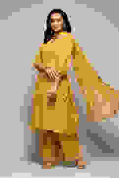 Yellow Cotton Silk Gathered Kurta Palazzo Suit Set image number 5