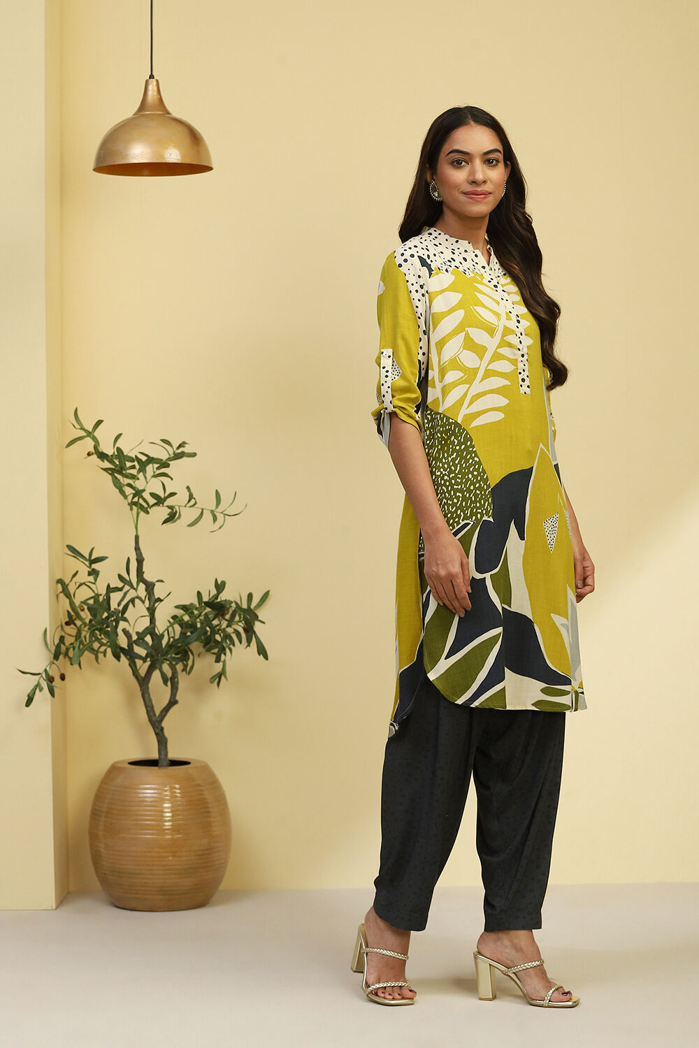 Lime Green and Grey Floral Printed Fusion Kurta Set image number 5