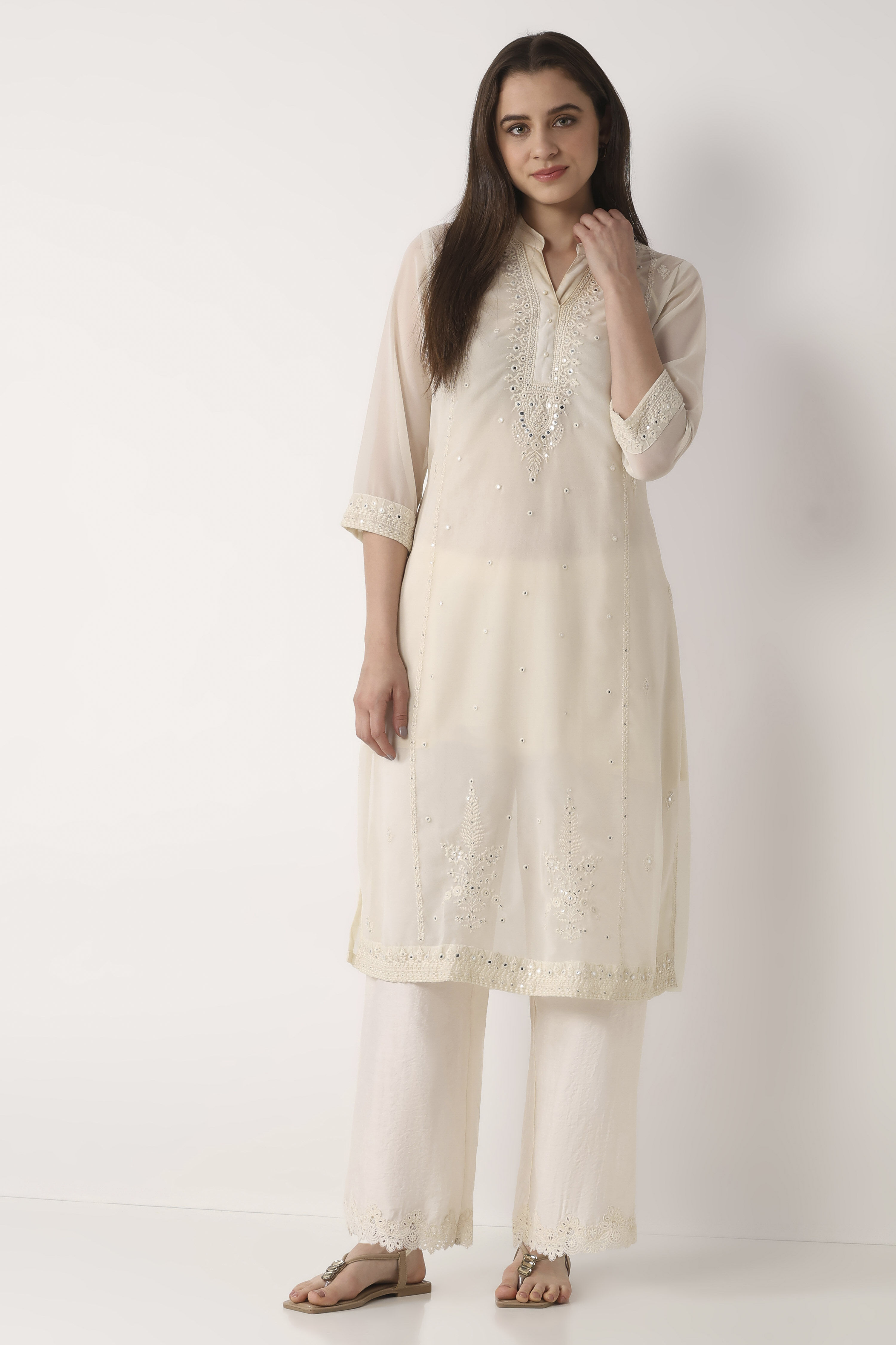Off White Viscose Blend Straight Palazzos image number 0