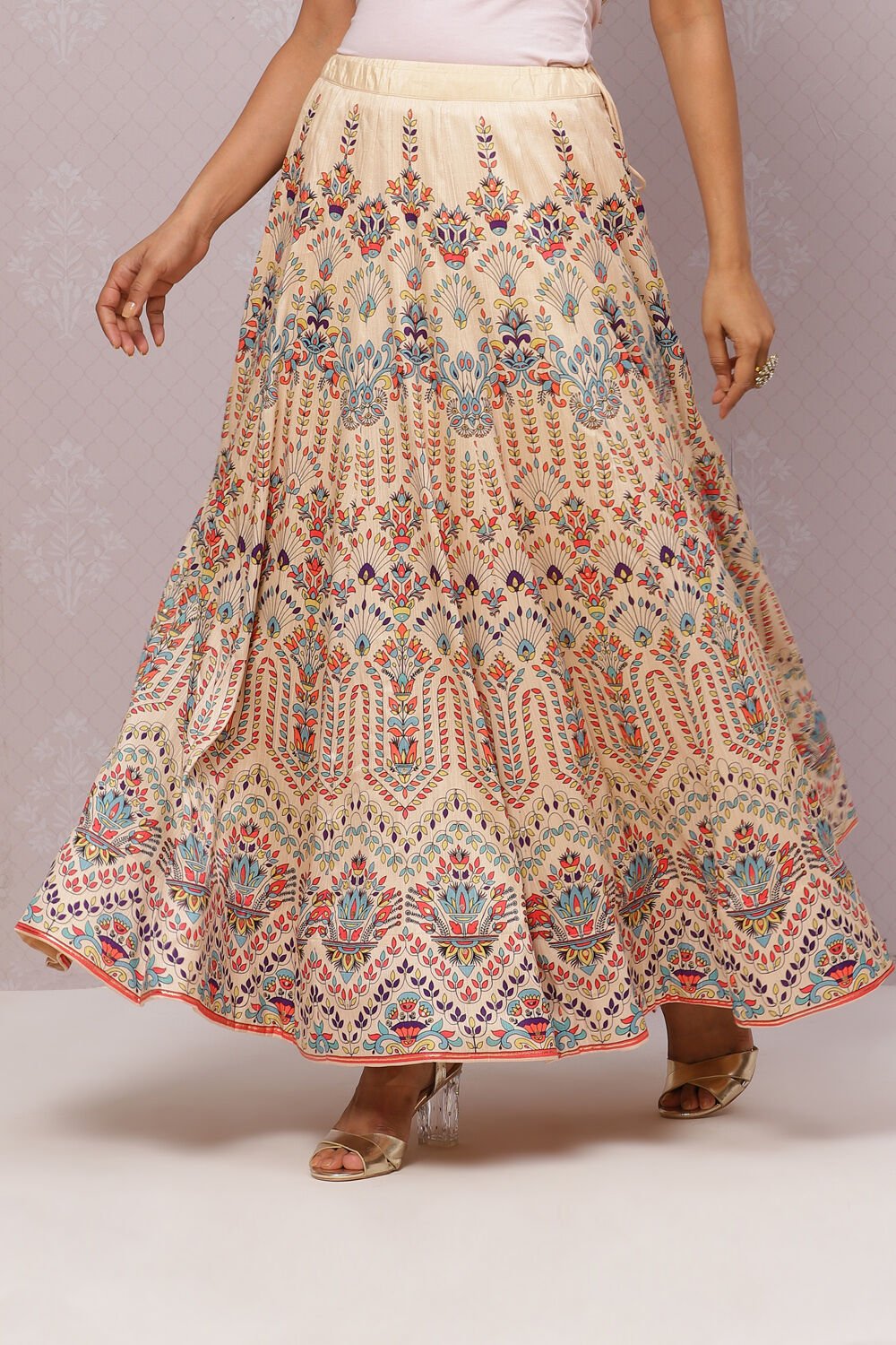 Beige Flared Art Silk Skirts at Biba India