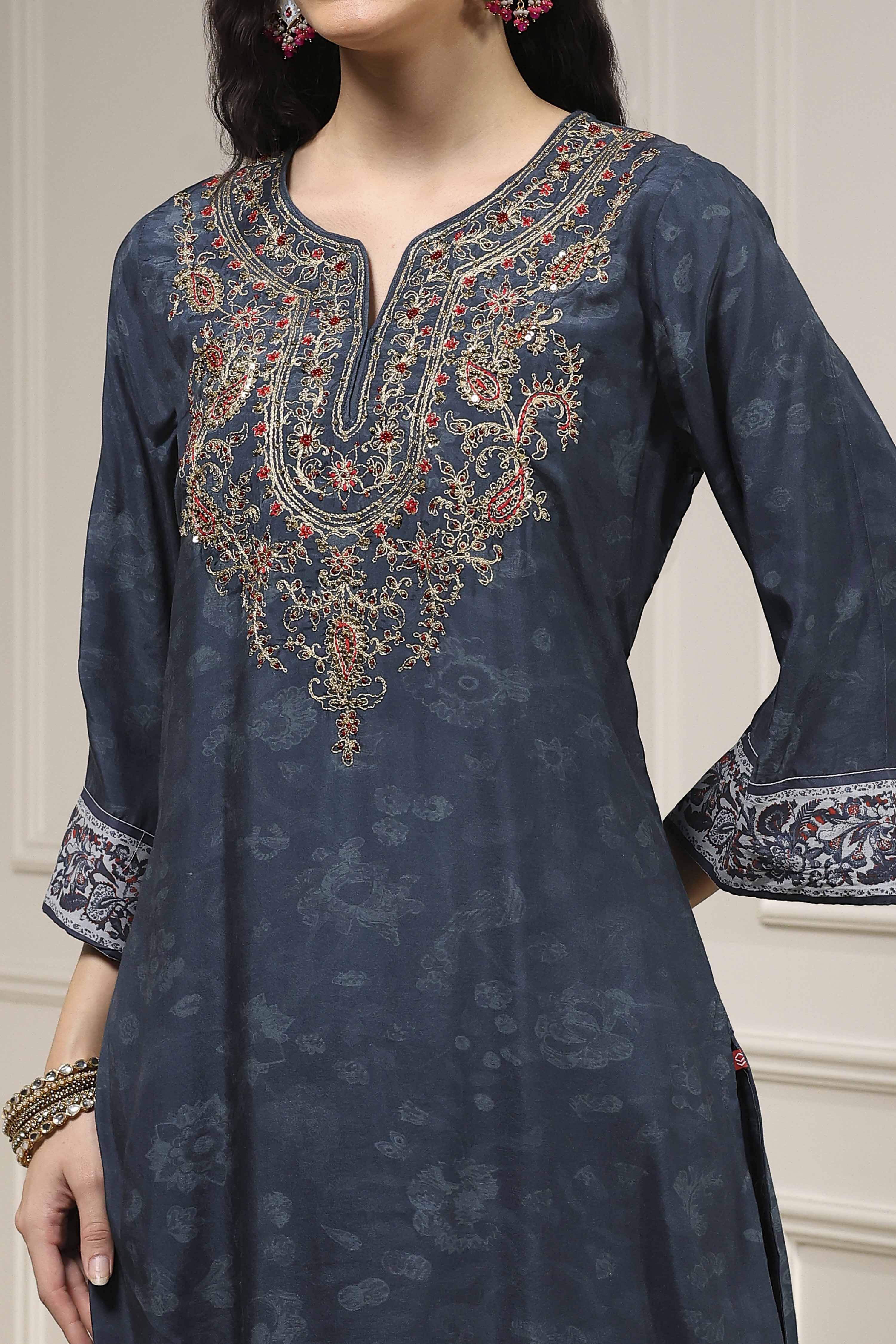 Teal Blue Printed Straight Suit Set image number 1