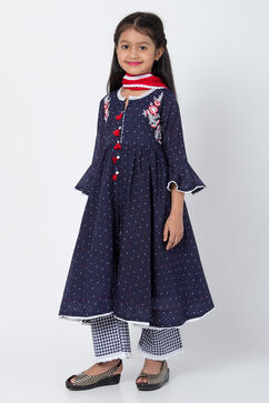 Navy Blue And White Poly Cotton Front Open Straight Kurta Palazzo Suit Set image number 3
