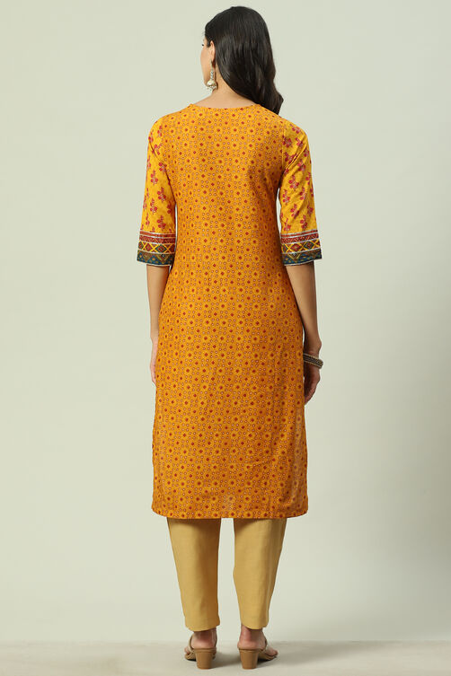 Mustard Cotton Straight Printed Kurta image number 3