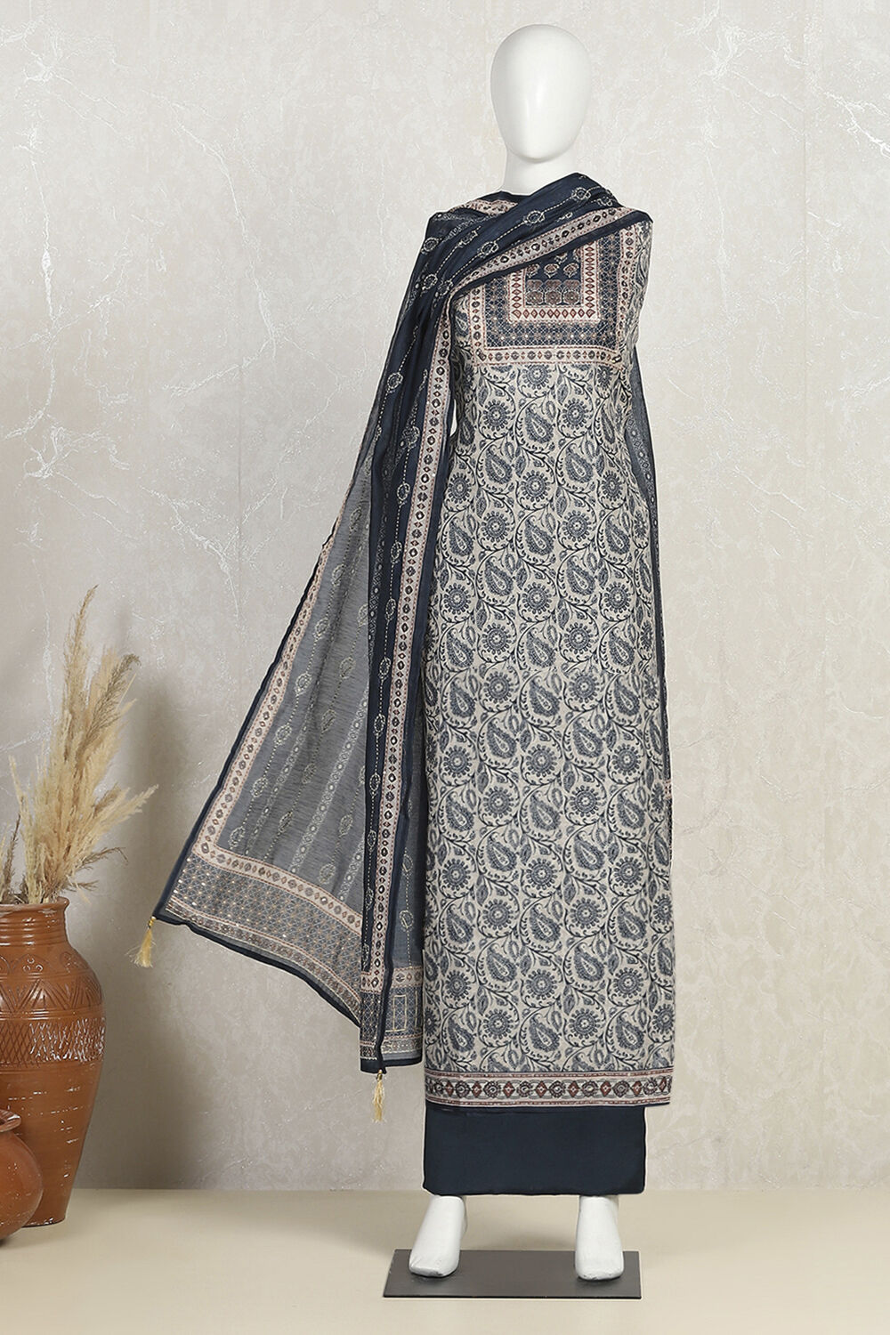 Navy Blue Chanderi Hand Embroidered Unstitched Suit Set image number 4