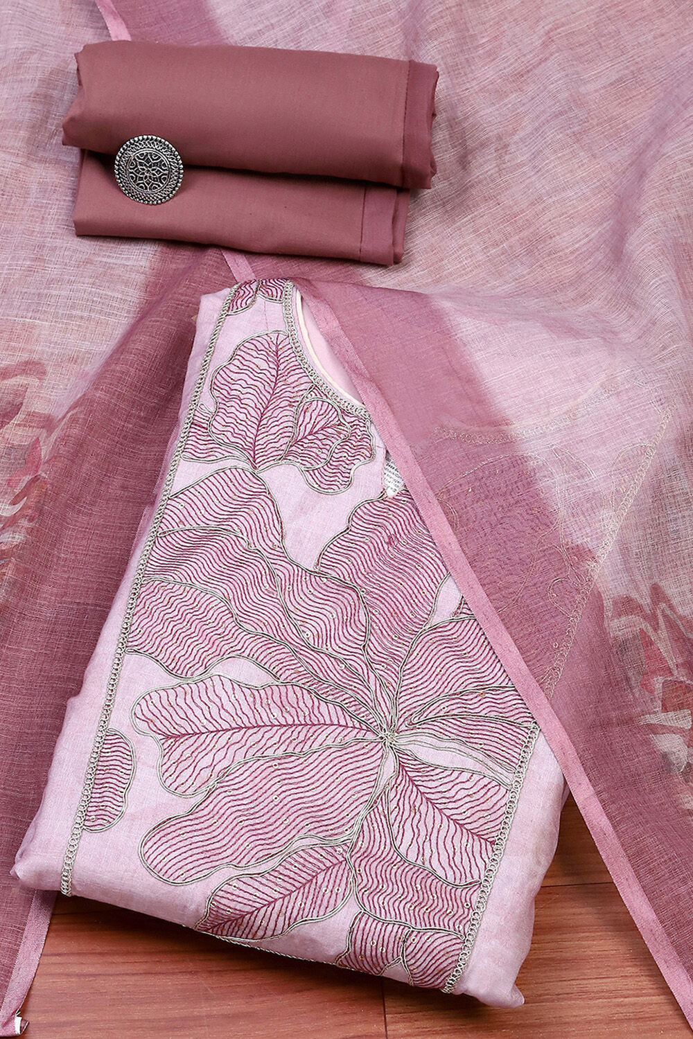 Pink Cotton Unstitched Suit Set image number 0