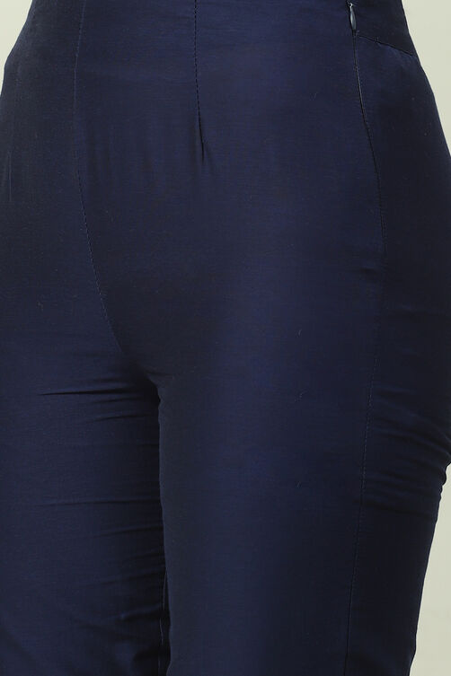 Indigo Blue Art Silk Straight Kurta Slim Pant Suit Set image number 2