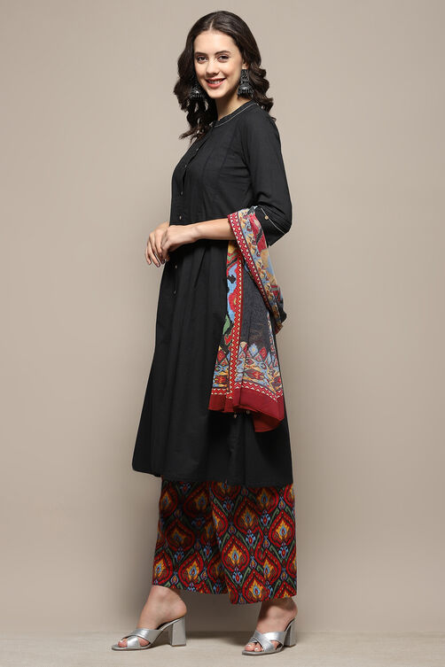 Charcoal Grey Cotton Pleated Kalidar Suit Set