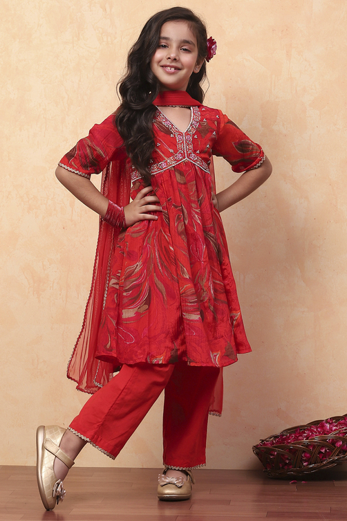 Red Polyester Printed Gathered Suit Set image number 6