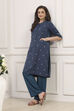 Navy Blue Cotton Yarndyed Straight Suit Set image number 5